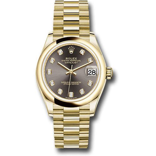 Rolex Yellow Gold Datejust 31 Watch - Domed Bezel - Dark Grey Diamond Dial - President Bracelet - 278248 dkgdp