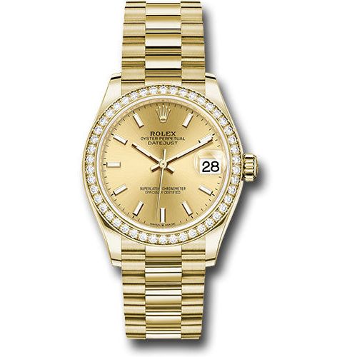 Rolex Yellow Gold Datejust 31 Watch - Diamond Bezel - Champagne Index Dial - President Bracelet - 278288RBR chip