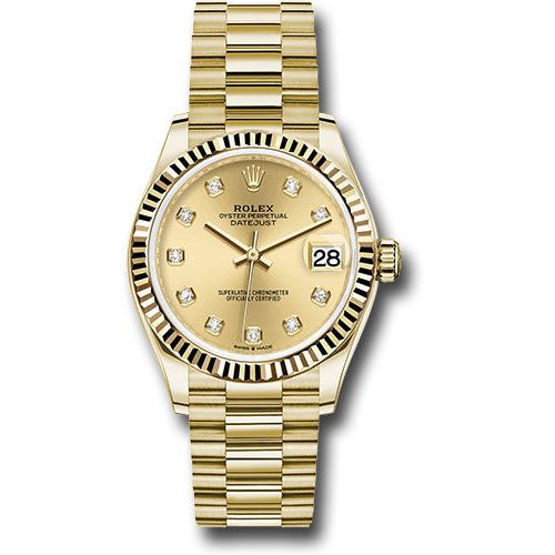 Rolex Yellow Gold Datejust 31 Watch - Fluted Bezel - Champagne Diamond Dial - President Bracelet - 278278 chdp