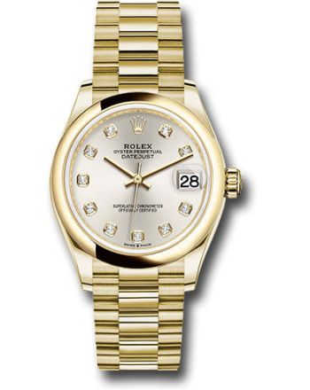 Rolex Yellow Gold Datejust 31 Watch - Domed Bezel - Silver Diamond Dial - President Bracelet - 278248 sdp