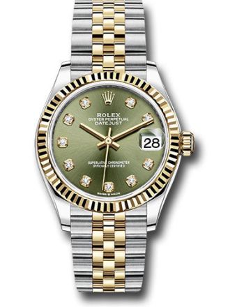Rolex Steel and Yellow Gold Datejust 31 Watch - Fluted Bezel - Olive Green Diamond Dial - Jubilee Bracelet - 278273 ogdj