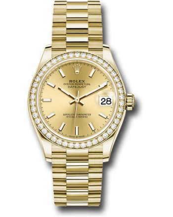 Rolex Yellow Gold Datejust 31 Watch - Diamond Bezel - Champagne Index Dial - President Bracelet - 278288RBR chip
