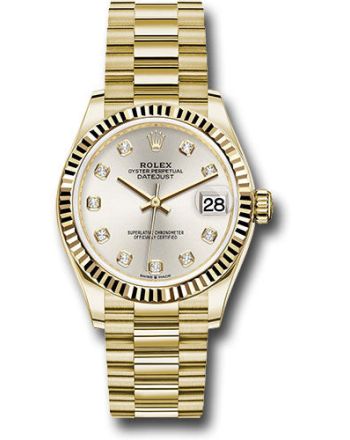 Rolex Yellow Gold Datejust 31 Watch - Fluted Bezel - Silver Diamond Dial - President Bracelet - 278278 sdp