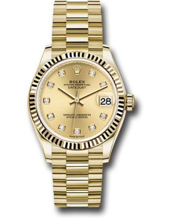 Rolex Yellow Gold Datejust 31 Watch - Fluted Bezel - Champagne Diamond Dial - President Bracelet - 278278 chdp