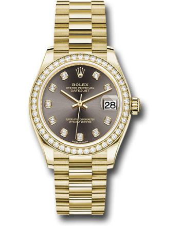 Rolex Yellow Gold Datejust 31 Watch - Diamond Bezel - Dark Grey Diamond Dial - President Bracelet - 278288RBR dkgdp